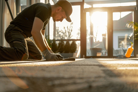 Male janitor cleaning carpet in room on sunny day in high quality for cleaning serviceの写真素材