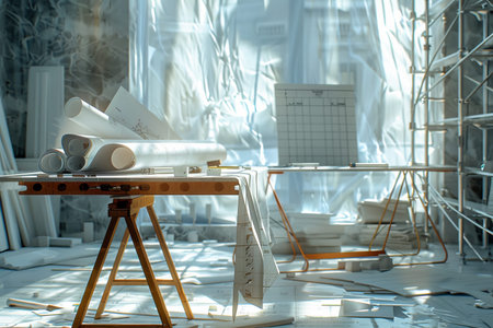 Architectural project concept architect at desk in construction site or office with mining light