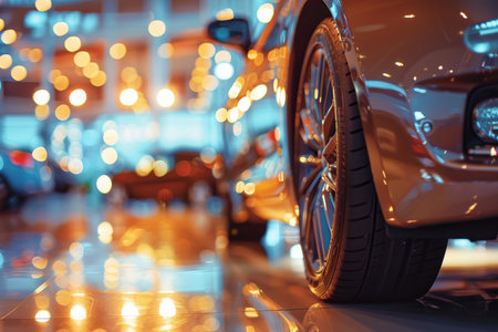Vivid car dealership showroom with close up of vehicles for sale in a bustling settingの写真素材