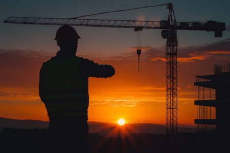Silhouette of a construction worker guiding a crane at sunset, symbolizing hard work and resolveの写真素材