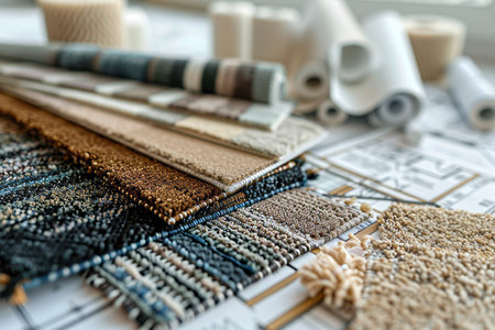 Luxury carpet samples for home selection with detailed floor plan in the backgroundの写真素材