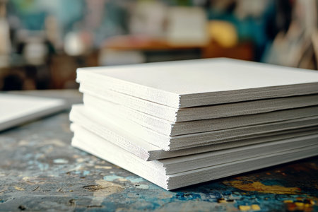 A collection of print ready canvas posters and business cards in a studio for creative professionals