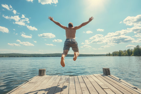 Joyful traveler leaps into lake from jetty on a bright sunny day, embracing summer adventureの写真素材