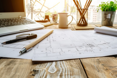 Architect s desk with blueprint and technical drawing for design planning and project developmentの写真素材