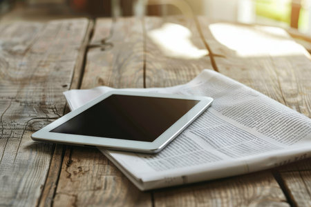 High quality image newspaper and tablet on wooden table for versatile use and contemporary appealの写真素材