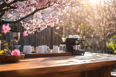 Charming outdoor caf terrace amidst spring blossoms with rustic decor and warm sunlightの写真素材