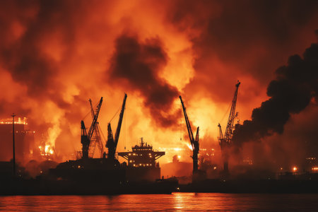 Dramatic night port scene featuring illuminated cranes and ship under fiery sky symbolizing industryの写真素材