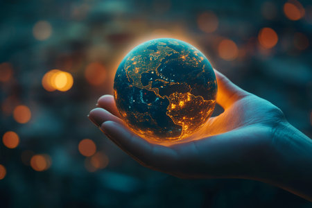 3d render of a globe held in a human hand, symbolizing global connection and unity among people.の写真素材