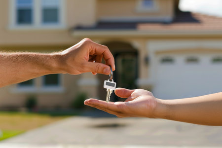 Real estate agent handing over the keys to the house to the excited new homeownerの写真素材