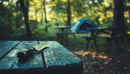 Knife embedded in camping table, showcasing essential outdoor gear for adventurous experiencesの写真素材