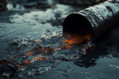 Visual composition of polluted sewage water flowing from a pipe with visible contamination elementsの写真素材