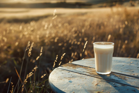 Tranquil field scene top view of a glass of milk resting on a rustic wooden tableの写真素材