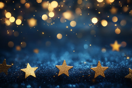 Enchanting dark blue background with golden stars and bokeh lights for holiday celebrationsの写真素材