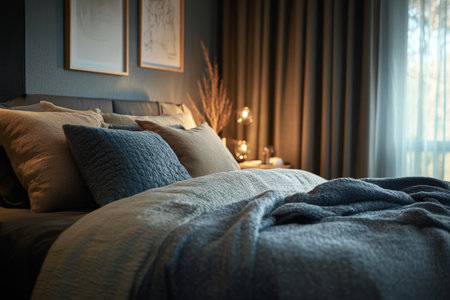 Elegant and cozy modern bedroom interior design in a luxury home for ultimate relaxation and comfortの写真素材