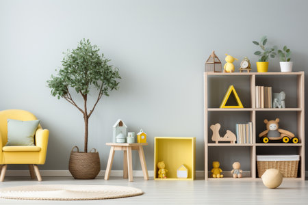 Modern childrens room with bright, functional furniture and abundant toysの写真素材
