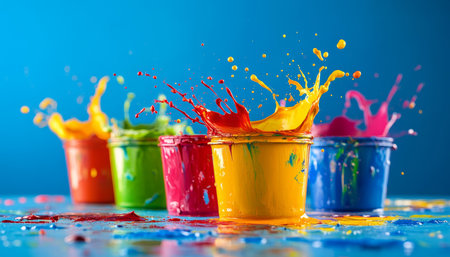 Colorful paint containers with vibrant splashes on a bright blue backdrop celebrating creativityの写真素材
