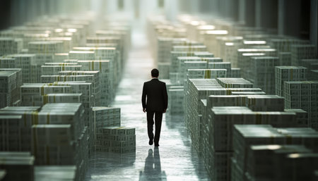Businessman walking alongside piles of cash, symbolizing wealth and financial successの写真素材