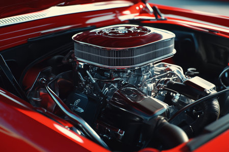 Detailed close up of a red muscle car engine featuring chrome air filter and black exhaust pipes