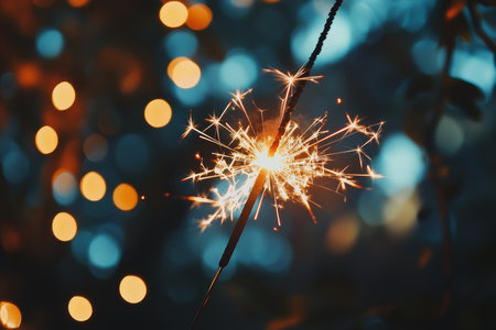 Close up of a sparkler with blurred background and bokeh effect for new year celebration bannerの写真素材