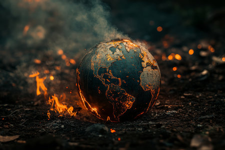 Devastating fire consumes earth globe, highlighting the urgent reality of global warming crisisの写真素材