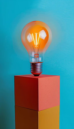 Radiant light bulb on platform with space for text, against solid color backdrop