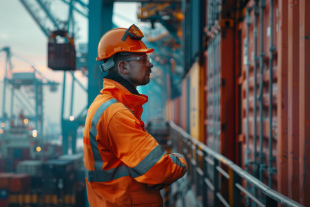 Supervising container shipment at industrial shipping terminal port manager in actionの写真素材