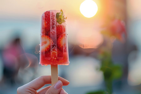 Close up of woman s hand holding strawberry popsicle with blurred background and space for textの写真素材