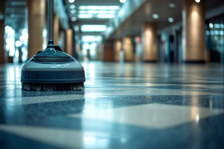 Photography capturing the process of efficiently cleaning the floor with a professional machine.