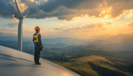 Engineer overseeing operations at a wind turbine farm generating clean renewable energy