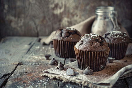 Delicious homemade chocolate muffins on vintage background in high quality imageの写真素材