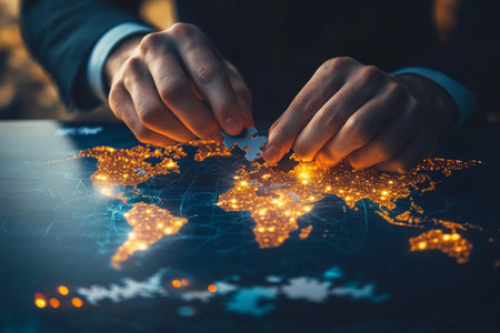 Businessman assembling jigsaw puzzle with world map, symbolizing global connections and networksの写真素材