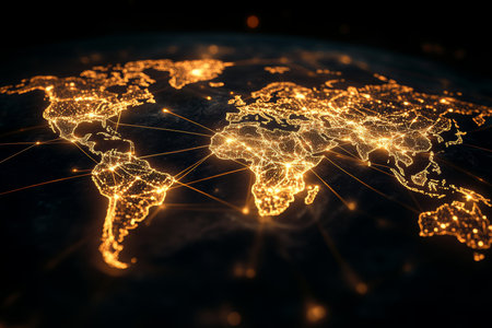Digital world map with glowing connections and nodes illustrating global data flowの写真素材