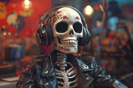 Stylish cartoon skeleton wearing headphones and a leather jacket, enjoying music with flair