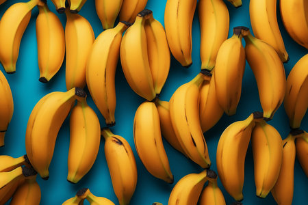 Fresh ripe yellow bananas on blue background, colorful abstract doodle art, high resolution 8k imageの写真素材
