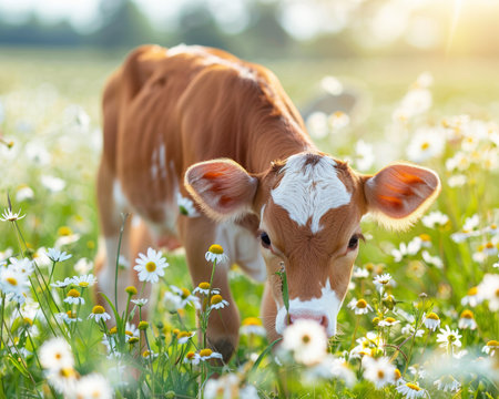 Young calf grazing in daisy field on sunny summer day, showcasing farm animal harmony and text spaceの写真素材
