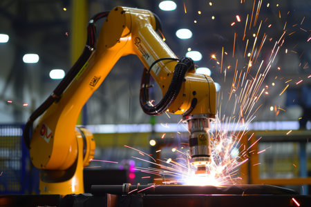 Internet connected software controls welding robotic arm in smart factory with monitoring systemの写真素材