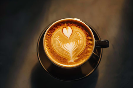 Latte coffee cup with heart latte art on dark background, top view with copy space