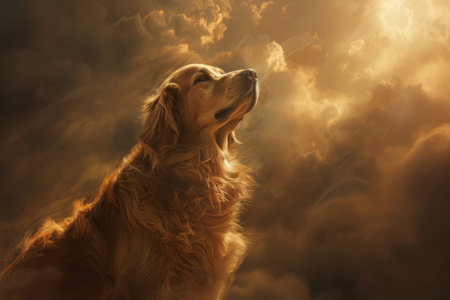 Golden retriever transcending towards light in serene liberation from earthly chains