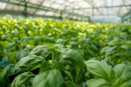 Thriving basil plants in high quality greenhouse on sunny day, ideal for lush leaf harvestingの写真素材