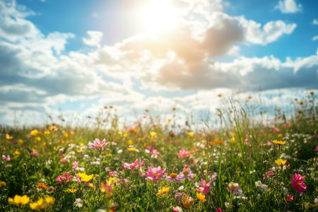 Spring meadows in full bloom under the warm sunlight a captivating nature photography sceneの写真素材