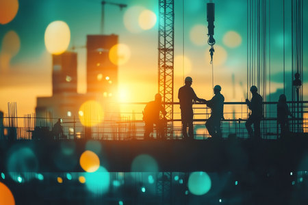 Silhouette of engineer and construction team working at site with blurred industry backgroundの写真素材