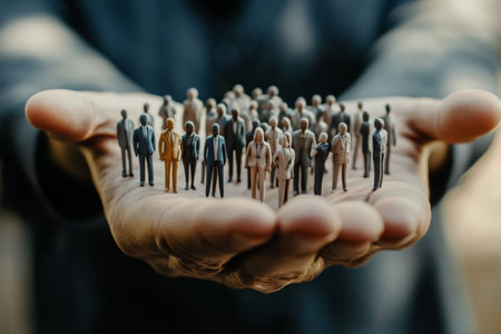 Businessman showcasing 3d rendered group of people in his hand, symbolizing leadership and visionの写真素材