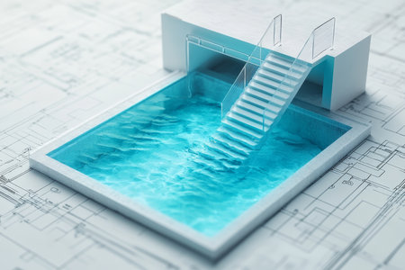 3d illustration of a swimming pool with staircase and clear water on architectural blueprintsの写真素材