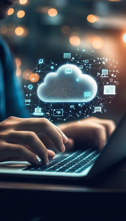 Hands typing on laptop showcasing cloud technology and digital connectivity in office setting