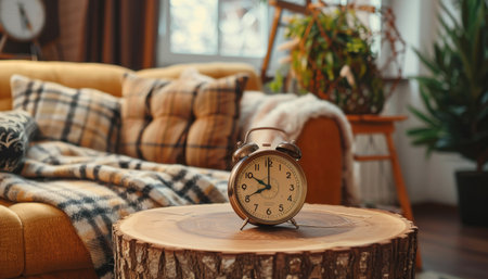 Bohemian style living room with alarm clock on wooden table near sofa in modern home interiorの写真素材