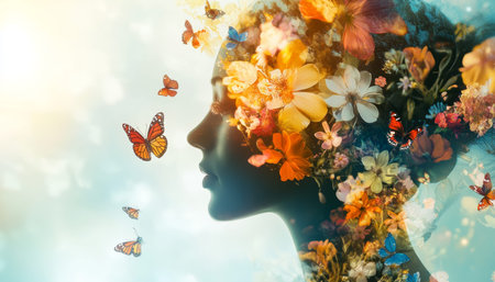 Vibrant illustration of a woman s profile adorned with flowers and butterflies symbolizing beauty