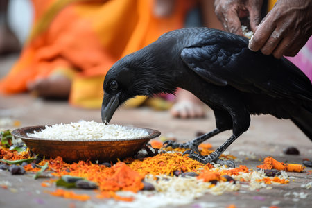 A crow consumes rice offerings during pitru paksha ritual symbolizing ancestral nourishmentの写真素材