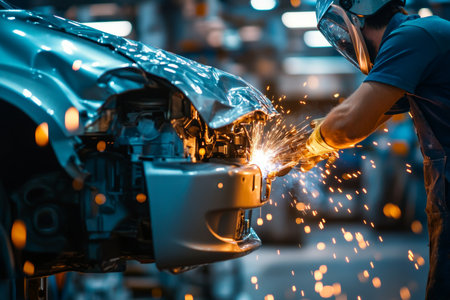 Professional car repair technician welding vehicle body on repair stand after collision damageの写真素材