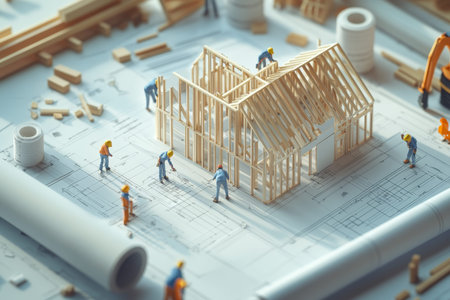 Tiny workers at a construction site crafting a house with blueprints and tools all around