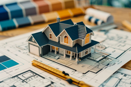 Home design blueprint and paint palette for new architecture and interior conceptの写真素材